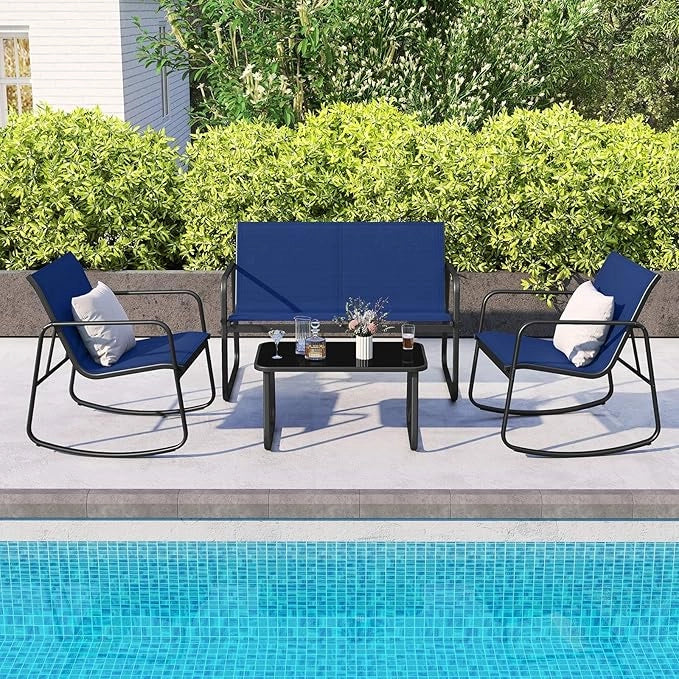 Set da Giardino 4 Pezzi in Tessuto Textilene, Set da Bistrò da Patio, Set tavolo e sedie con Tavolino in Vetro, 2 Sedie e Divanetto a Dondolo, per Giardino Coltile (Blu)