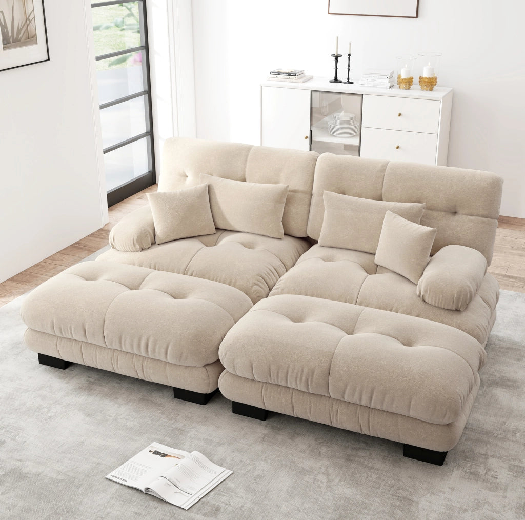Divano angolare modulare 220x145x81 cm in chenille marrone chiaro, con 2 pouf –