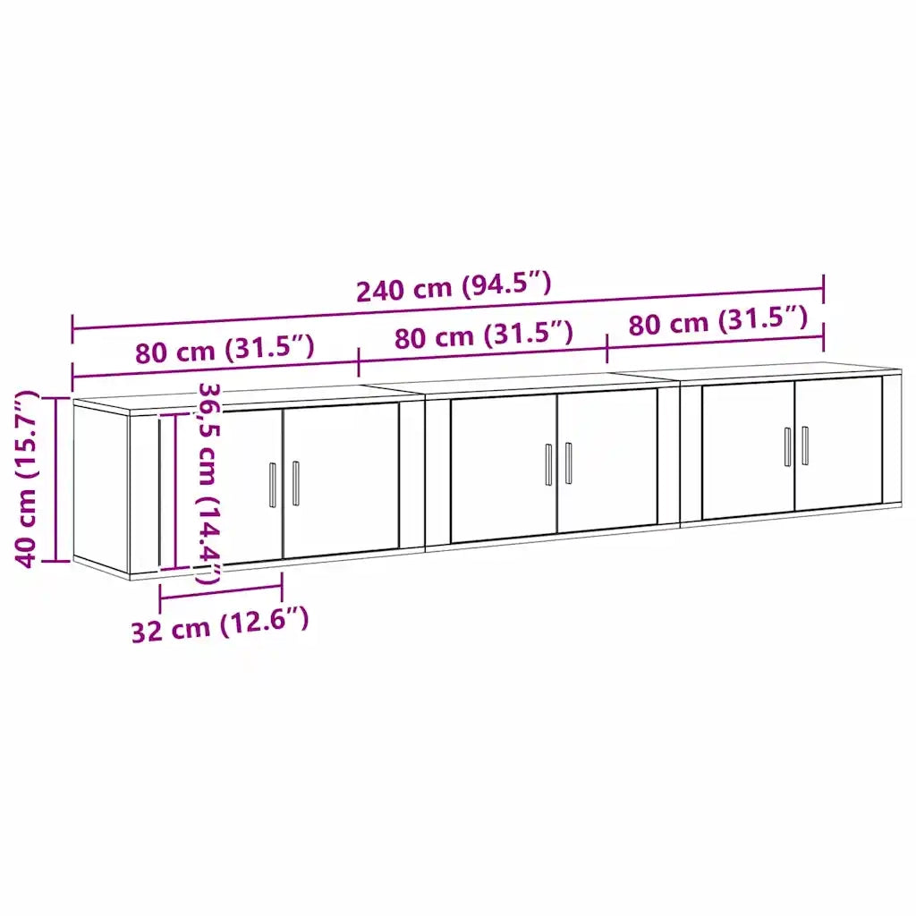 Set Mobile TV da Parete 3 pz | Armadietto TV | Mobile Porta TV Rovere Nero 80 x 34,5 x 40 cm
