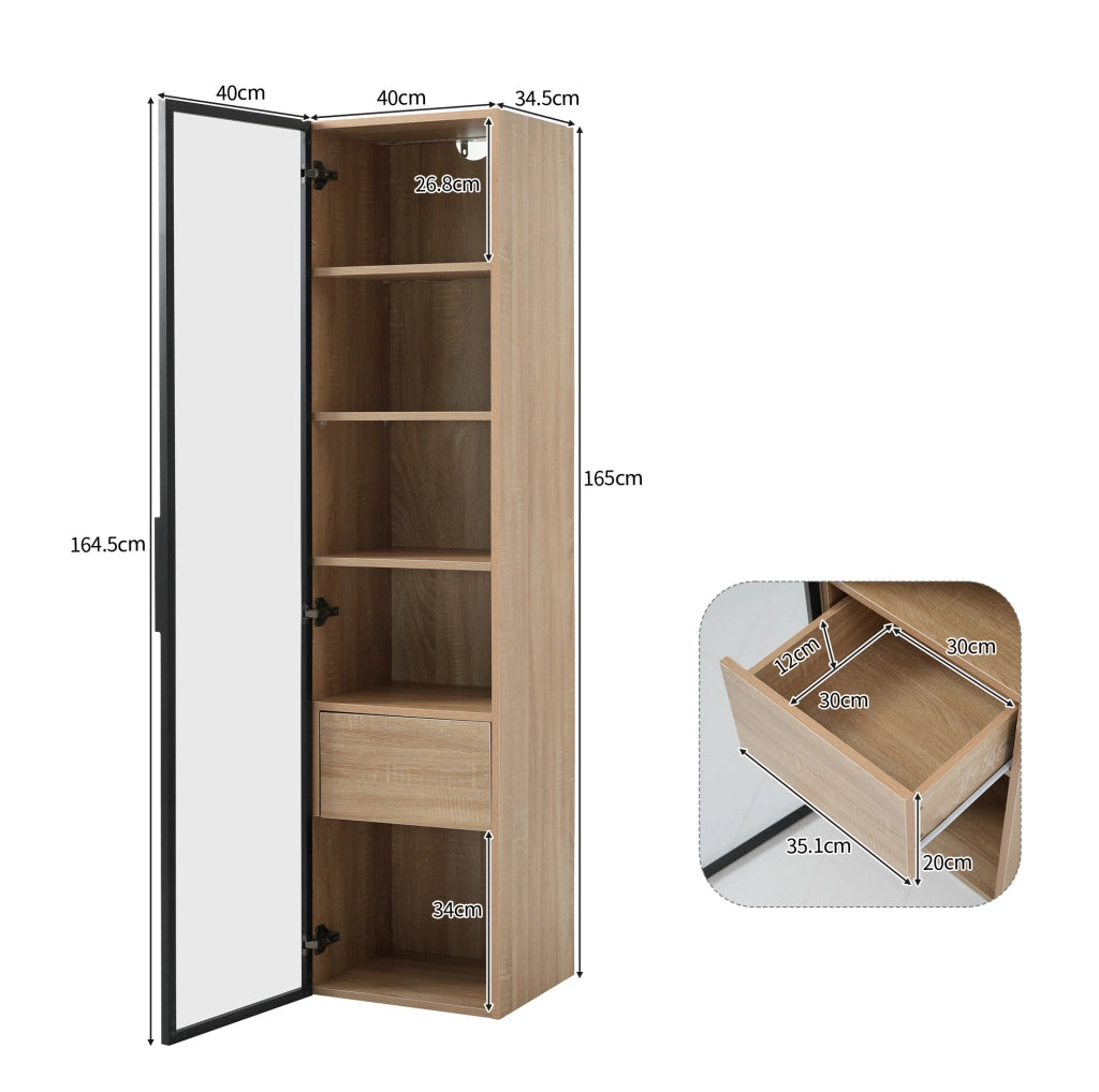 Mobile bagno compatto in MDF colore naturale con anta in vetro temperato