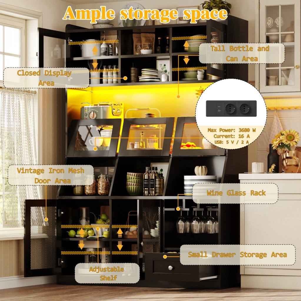 Mobile da cucina multifunzionale 120x40x181,7 cm con LED, USB e ripiani regolabili, nero