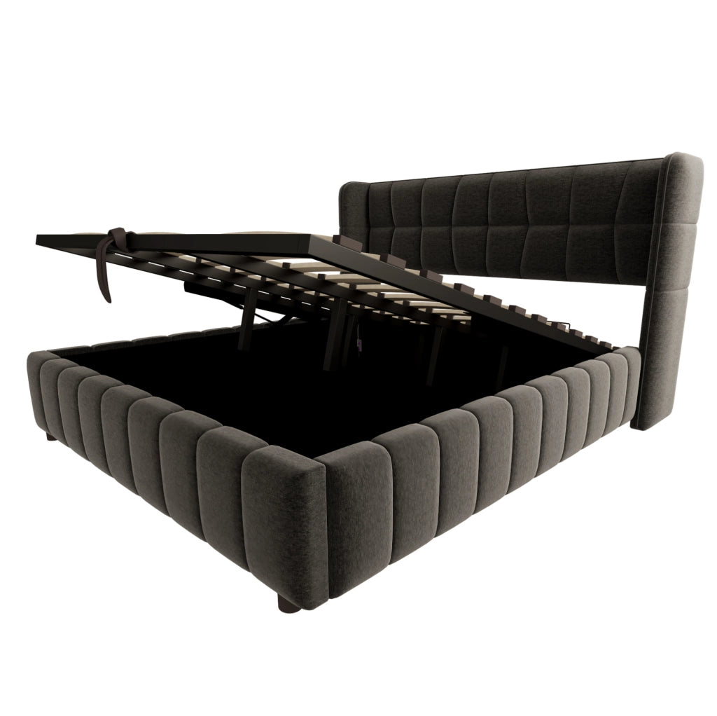Letto imbottito 213x188x101 cm con vano contenitore in tessuto grigio