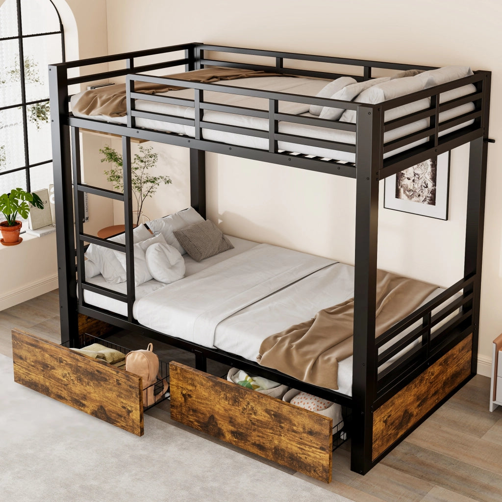 Letto a castello 90x200 cm, struttura in metallo, 2 cassetti, letto per bambini, nero