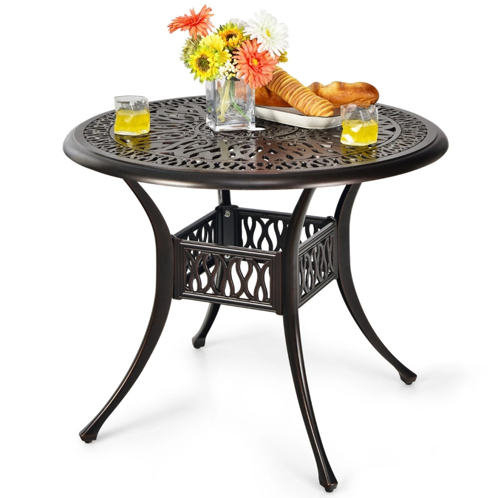 Tavolo da bistro in alluminio fuso con foro per ombrellone da 5 cm per giardino, Tavolo da pranzo da patio 91 cm Bronzo antico-Tavoli da esterno