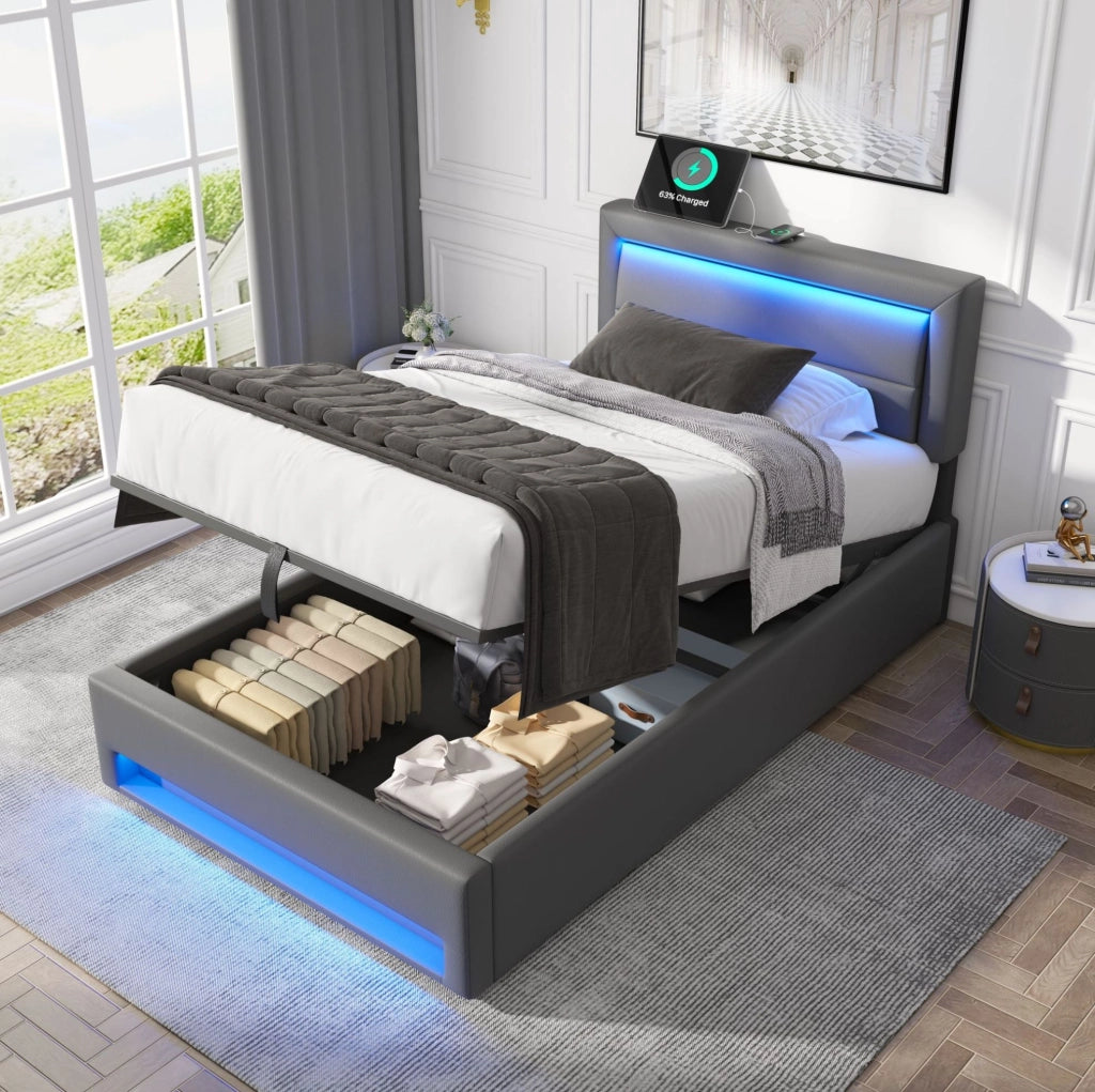 Letto imbottito 90x190 cm; USB e LED; con spazio contenitore; PU grigio (Senza materasso)
