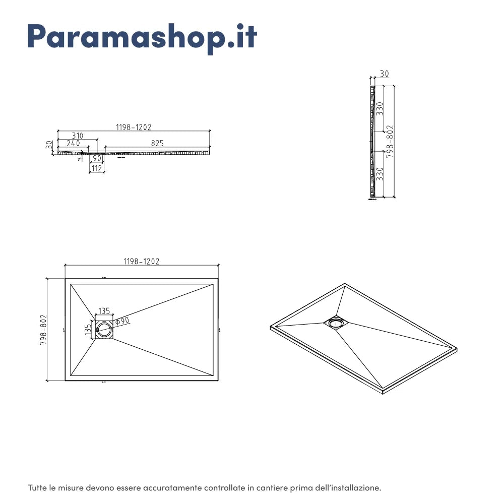 Piatto doccia rettangolare 80x120 cm in marmoresina bianco effetto pietra h3 cm | Milos