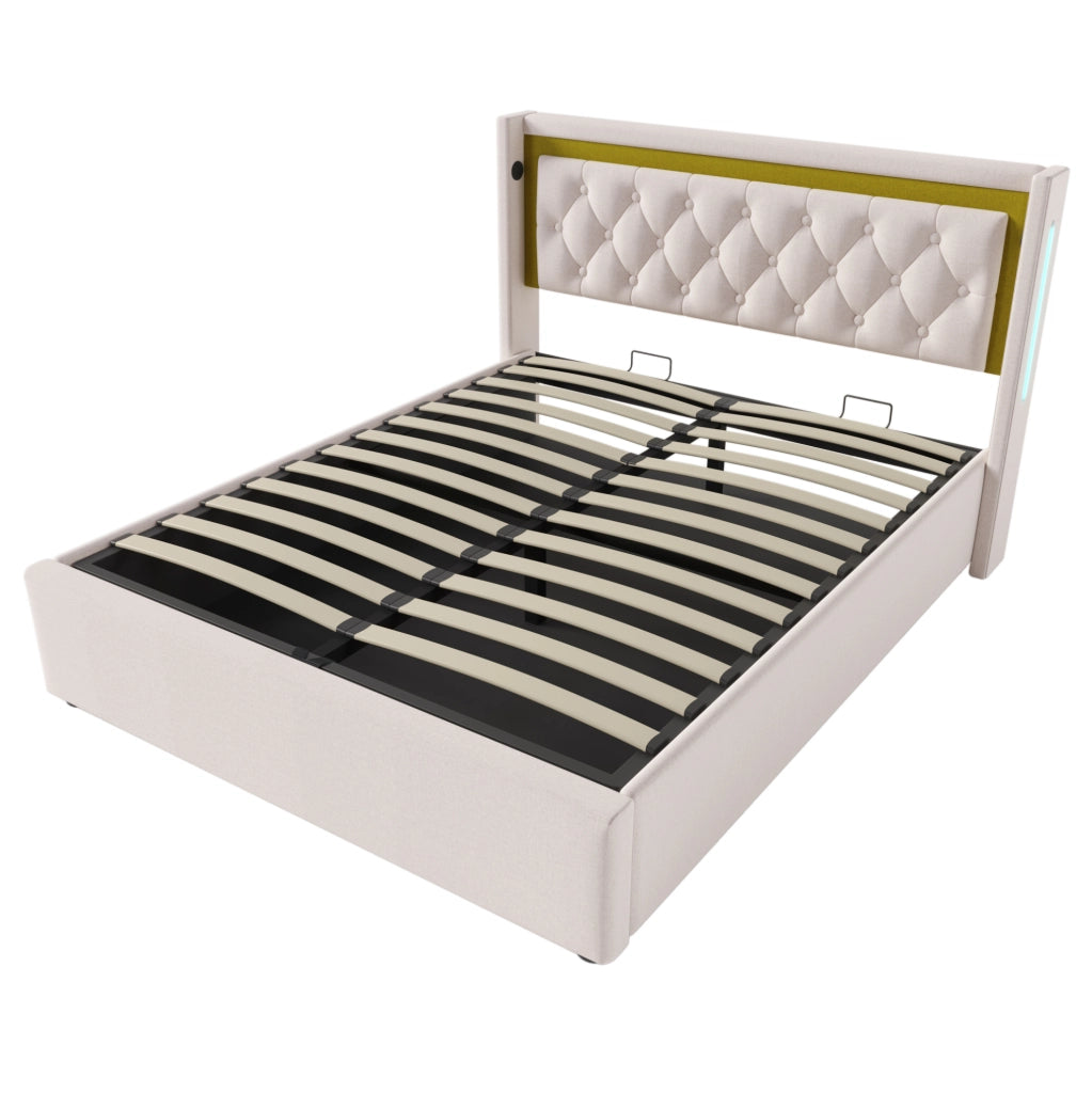 Letto matrimoniale LED con contenitore, USB e materasso incluso
