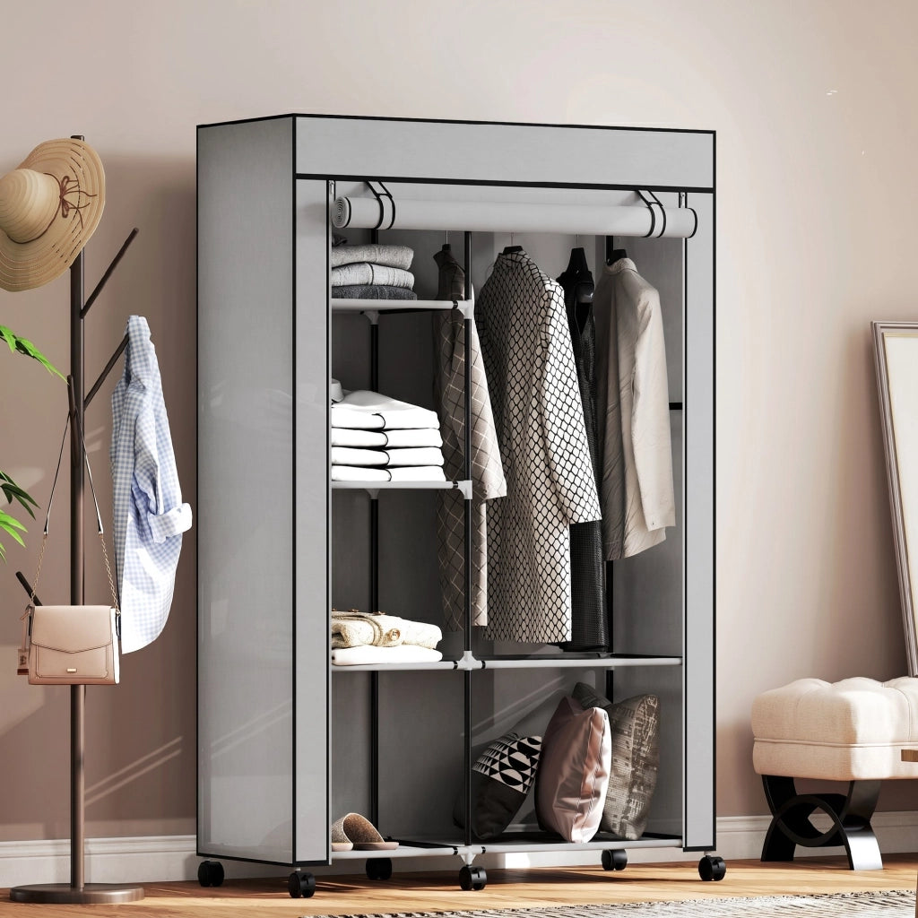 Armadio Portatile 103x43x162,5 cm con Ruote 6 Ripiani Aperti in Tessuto non Tessuto e Acciaio Grigio Chiaro