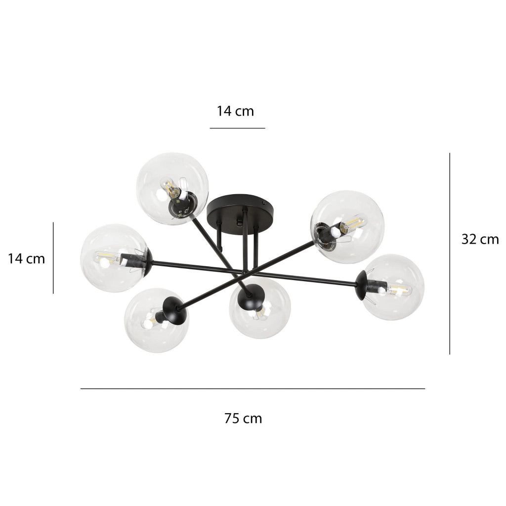 Plafoniera soffitto Emibig Brendi 6xE14 nera vetro trasparente