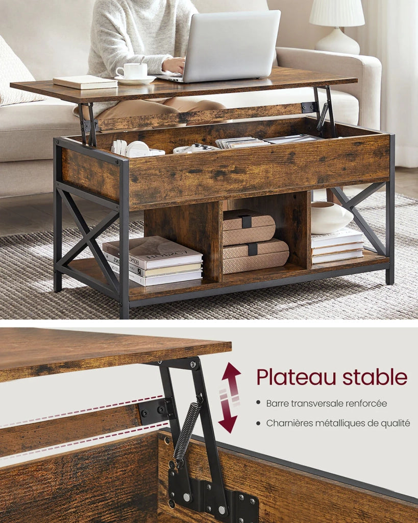 Tavolino da caffè con piano sollevabile vano portaoggetti nascosto e scomparti aperti struttura in acciaio 50 x 100 x 62 cm marrone rustico e nero 12_0007491