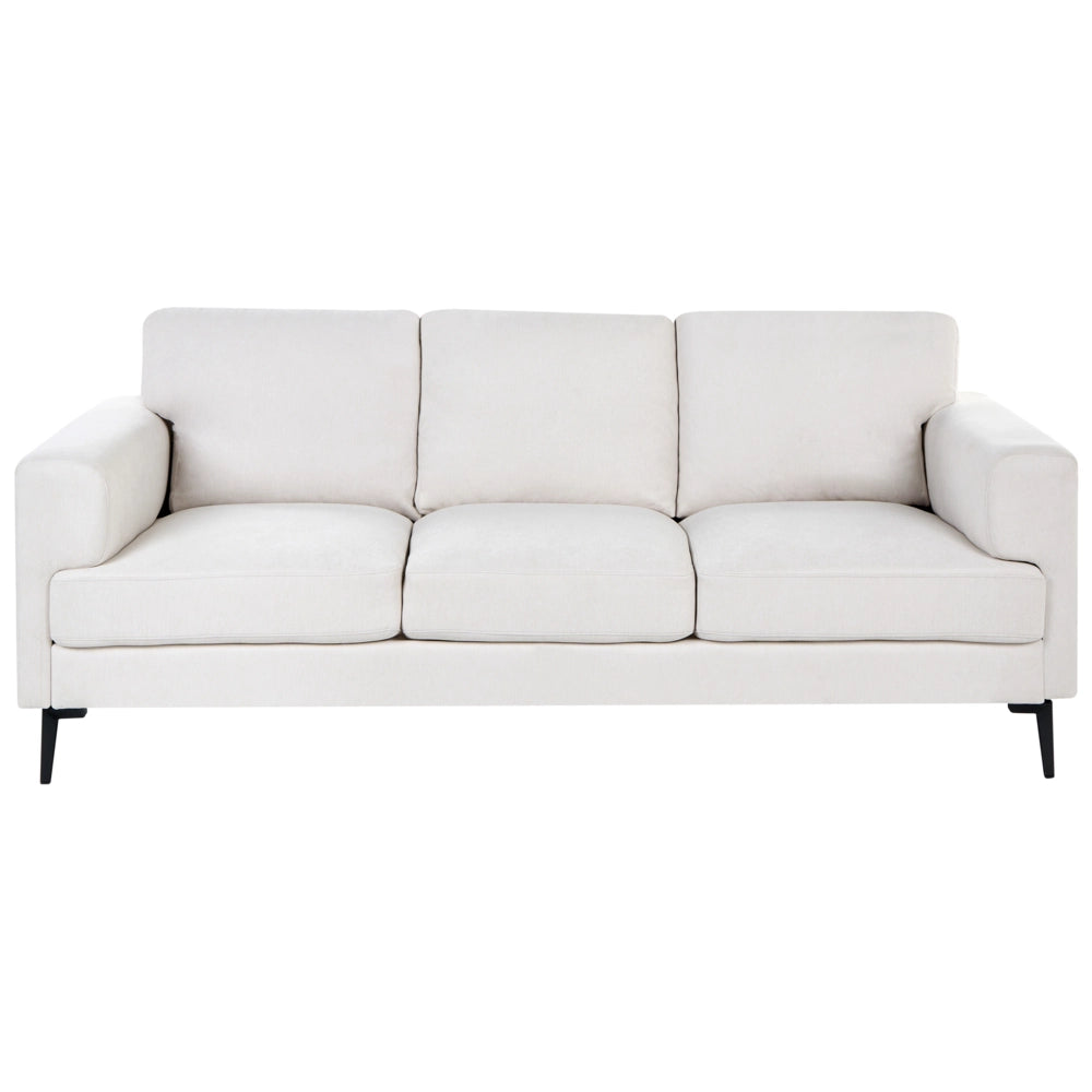 Divano minimalista moderno di metà secolo in tessuto a 3 posti con gambe in metallo rivestite e braccioli beige chiaro