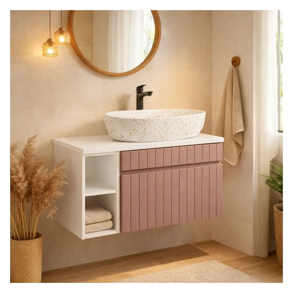 Insieme ICON: mobile sottolavabo 80cm rosa cipria con nicchie visibili bianche + piano per lavabo bianco