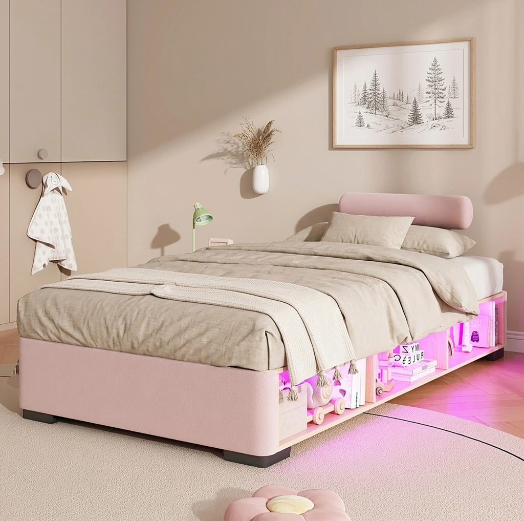 Letto imbottito per bambini rosa 90x200 cm con scaffale LED e spazio contenitore