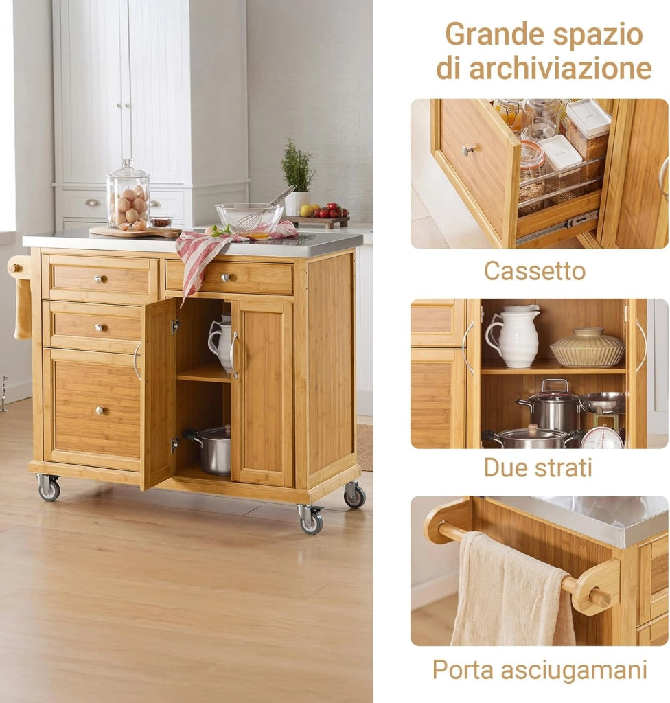 Carrello Cucina con Ruote Isola Cucina con Piano di Lavoro in Acciaio Inox, 4 Cassetti e Ripiani Regolabili Mobile Salvaspazio per Mobili da Cucina Naturale 115 x 46 x 92 cm FKW70-N