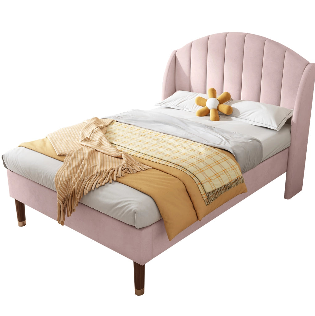 Letto imbottito 90x200 cm con testiera e rete; velluto rosa
