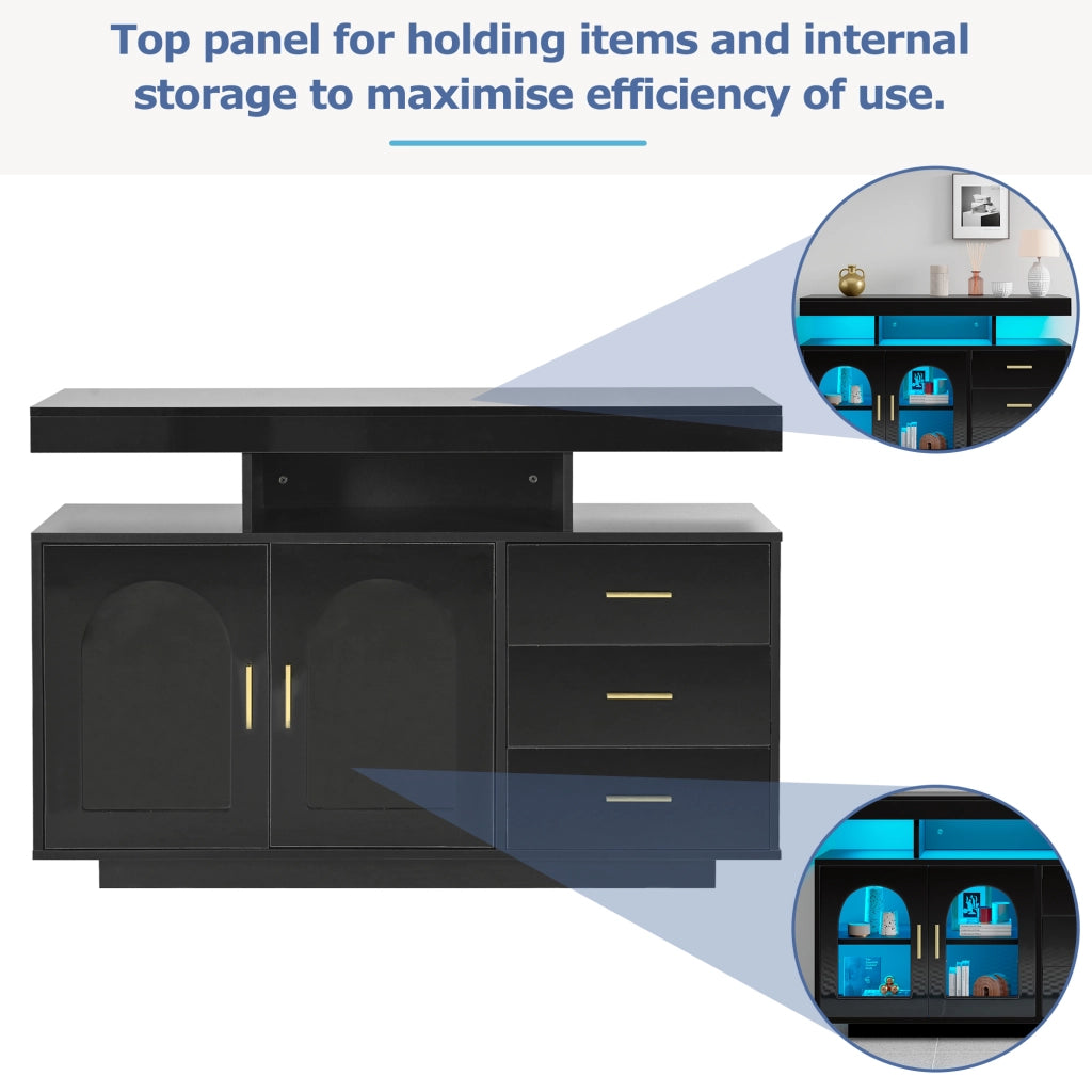 Credenza con 2 ante e 3 cassetti; LED RGB - per soggiorno - 120x40x80 cm - nero