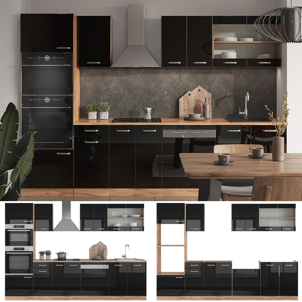 Vicco Cucina componibile Rovere nero/oro lucido 300 cm con armadio alto, PL Antracite