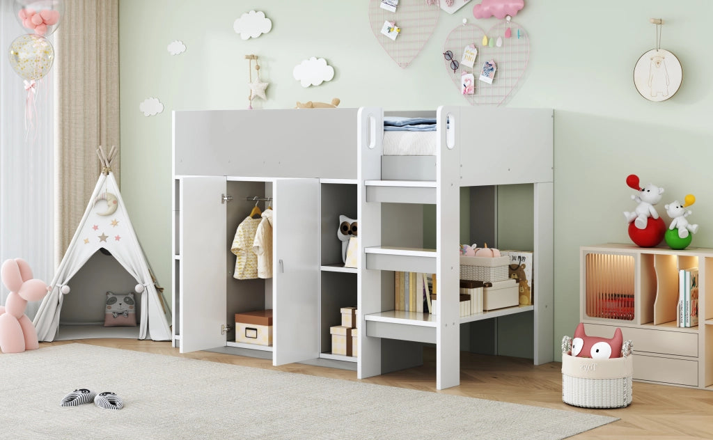 DESMIU Letto a Soppalco per Bambini 1 Posto con Armadio, Scaffali e Scala 90 × 200 cm, senza materasso