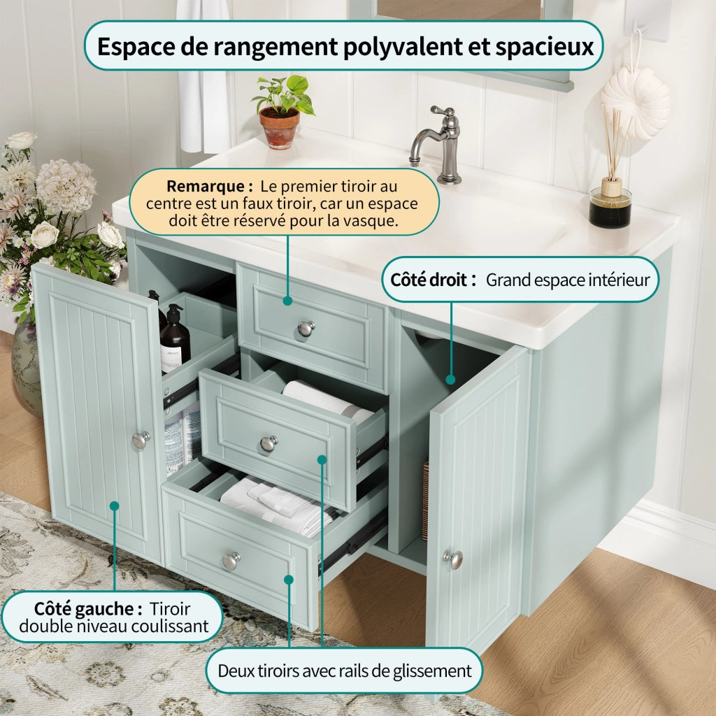 Mobile sottolavabo sospeso con lavabo in ceramica, 3 cassetti e vano laterale, per bagno, verde, 78,5 × 46 × 46,8 cm