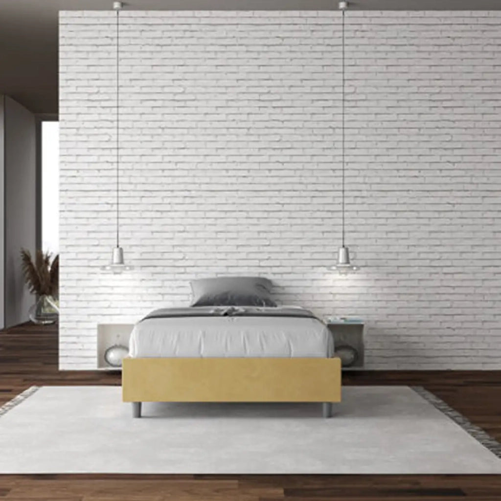 Letto matrimoniale francese con rete imbottito 140x210 microfibra ocra Azelia