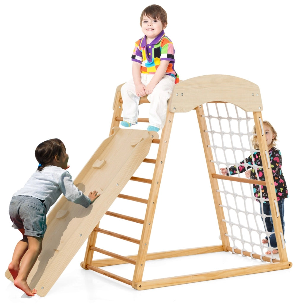 Parco giochi in legno con rampicata a doppia faccia sbarre per scimmie, Set gioco da arrampicata montessori Naturale-Arrampicate e scivoli