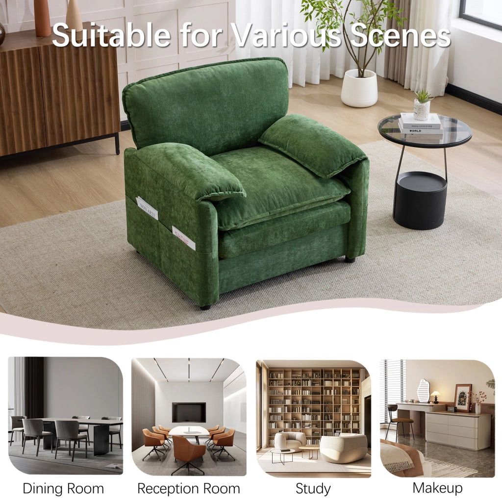 Canapé droit con tasche laterali e seduta imbottita per soggiorno balcone e studio in velluto chenille verde scuro