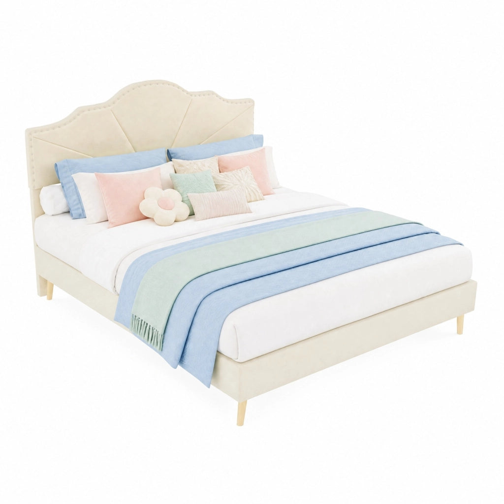 Letto matrimoniale imbottito con testiera geometrica 140x200 cm; tessuto beige