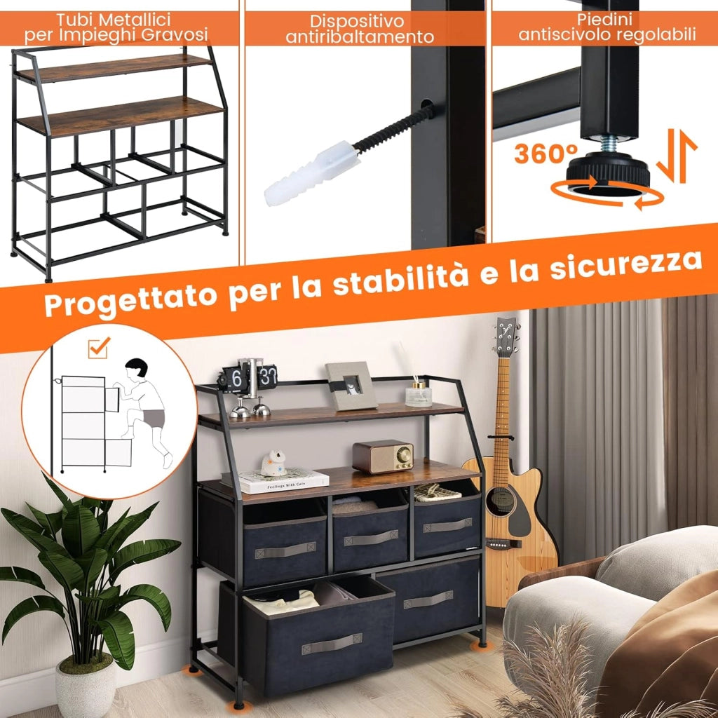 Cassettiera con 5 Cassetti in Tessuto, Mobiletto Multiuso con Ripiano Superiore Aggiuntivo e Cassetti Pieghevoli Medi e Grandi, Comò per Camera da Letto Soggiorno Ingresso, Stile Industriale