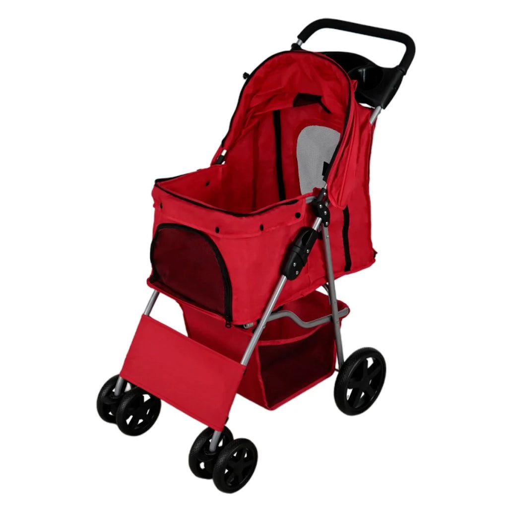 Passeggino per animali domestici Trasportino pieghevole Trolley da viaggio per gatti e cani Copertura anti-pioggia – Rosso