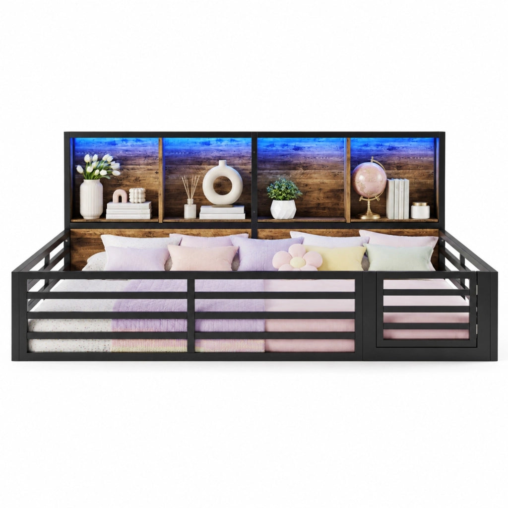 Letto piattaforma 140x200 cm con sponde, vani laterali e LED integrati