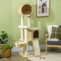 Albero Tiragraffi per Gatti con Casa, Diverse Piattaforme, Amaca, Tappetino per Graffiare, Dispositivo Antiribaltamento, 60 x 60 x 150 cm, Beige
