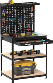 Banco da Lavoro con Piano da 80 x 40 cm, Banco da Lavoro Officina con Pannello Forato e 20 Ganci Porta Attrezzi, Tavolo da Lavoro per Garage con Cassetto e 2 Mensole (Nero)