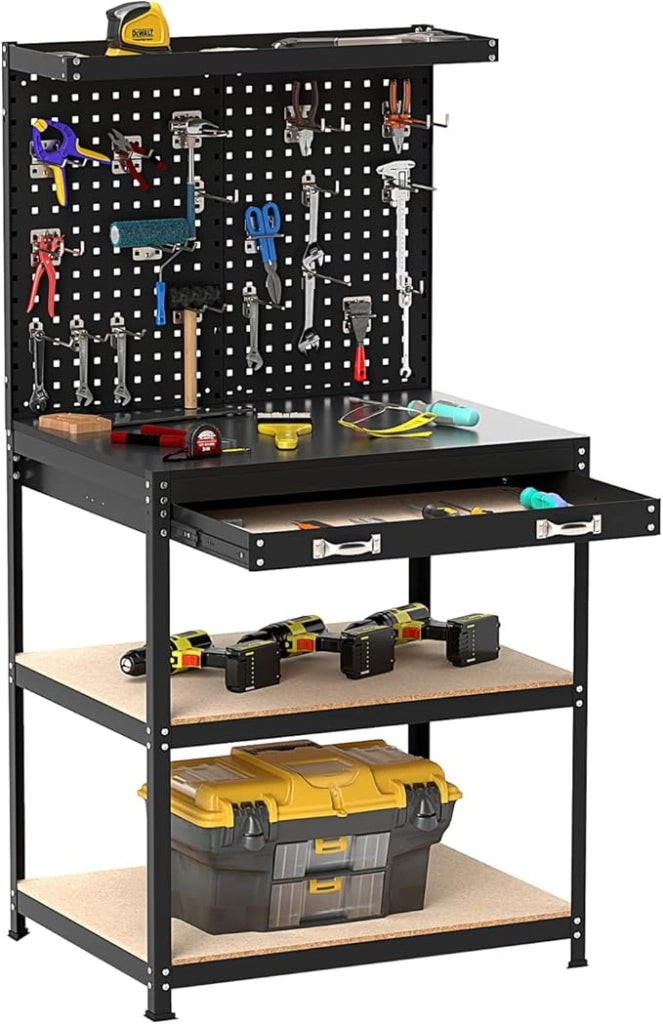 Banco da Lavoro con Piano da 80 x 40 cm, Banco da Lavoro Officina con Pannello Forato e 20 Ganci Porta Attrezzi, Tavolo da Lavoro per Garage con Cassetto e 2 Mensole (Nero)