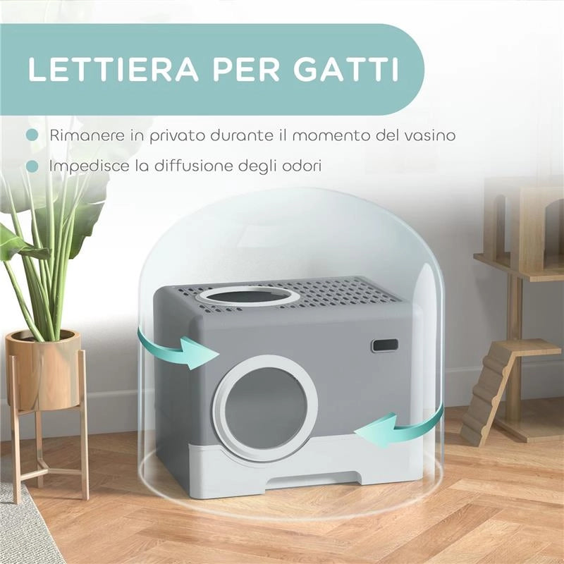 LETTIERA PER GATTI CON COPERCHIO E PALETTA, DOPPIO INGRESSO E VASSOIO ESTRAIBILE, 52X41X38.5 CM, GRIGIO