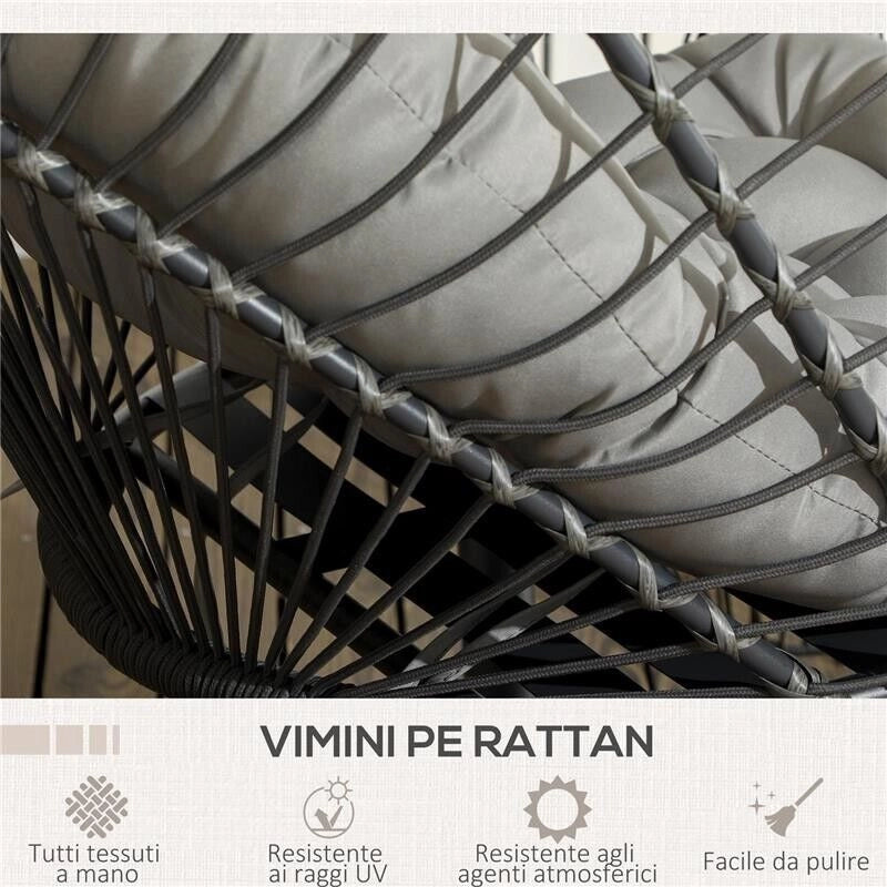 POLTRONA SOSPESA IN RATTAN PE CON CUSCINO, SEDUTA PIEGHEVOLE E STRUTTURA IN ACCIAIO, GRIGIO