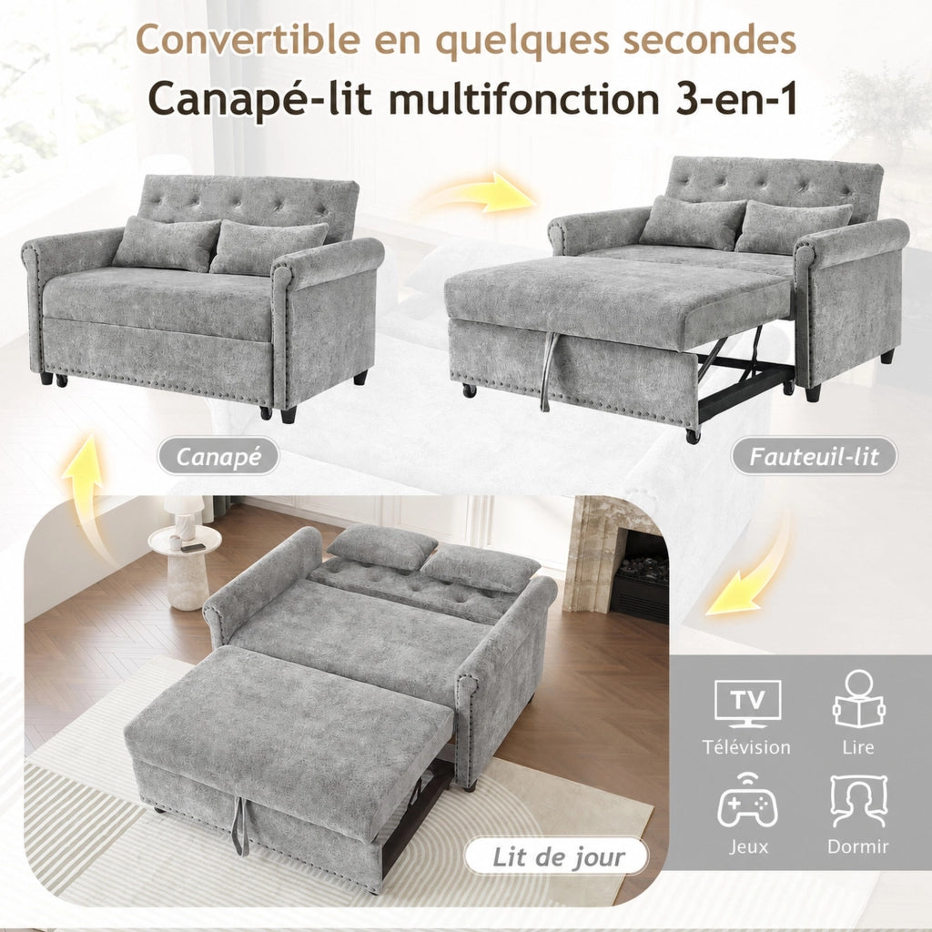 Divano letto 3 in 1 con schienale reclinabile a 3 posizioni letto estraibile in chenille grigio con due cuscini
