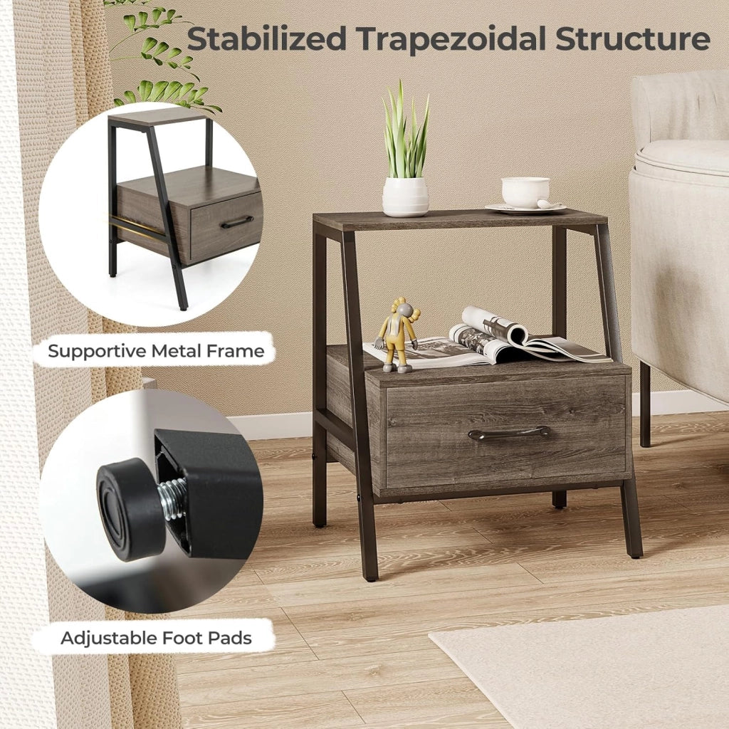 Comodino a 3 livelli con cassetto, tavolino per divano, mensola aperta, struttura in metallo resistente, comodino per soggiorno, camera da letto, ufficio, 45 x 35 x 52,5 cm, grigio