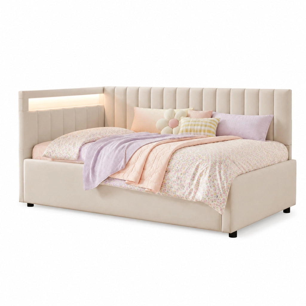 Letto imbottito 90x200 cm con LED; contenitore idraulico; velluto beige