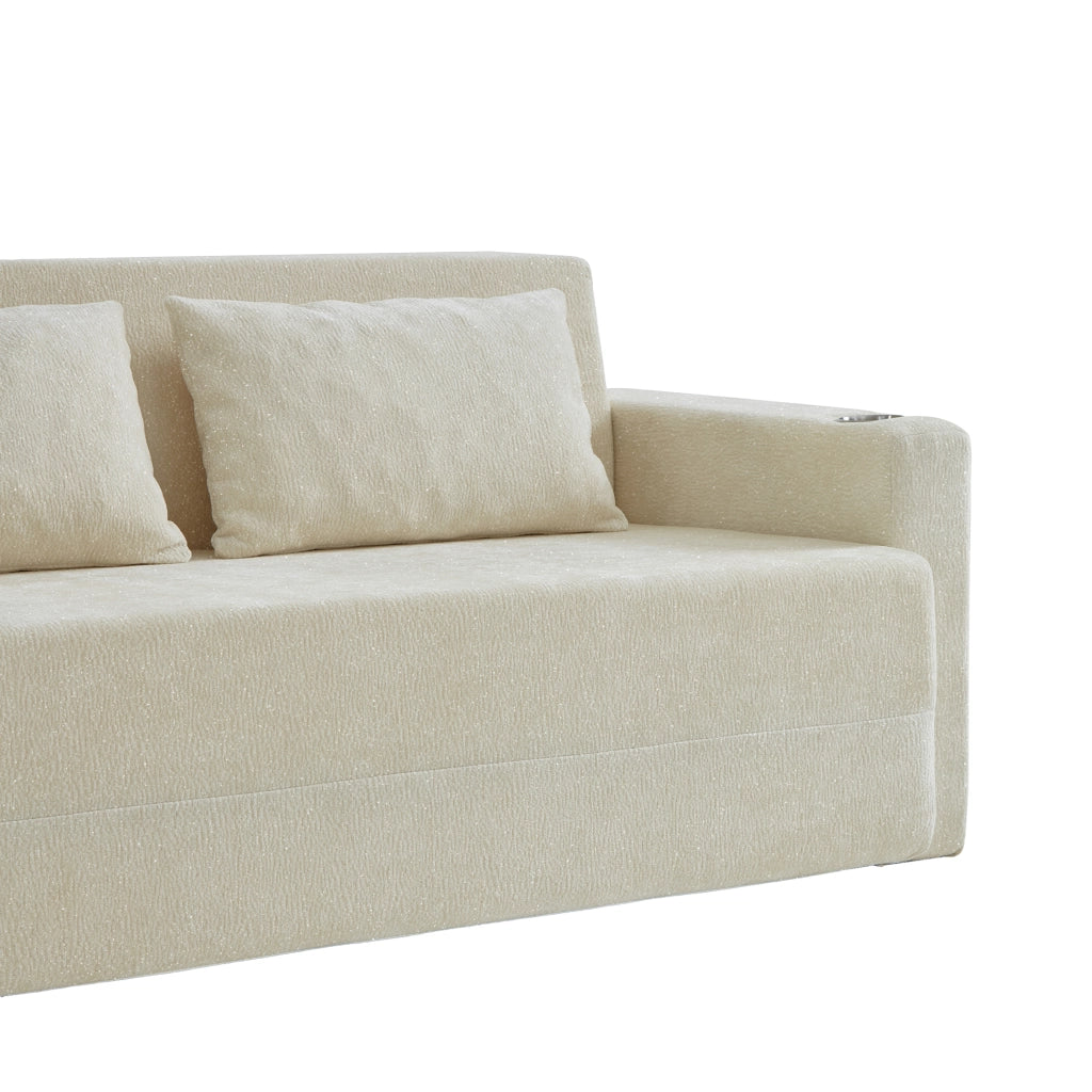 Divano letto 2 in 1 pieghevole in Chenille beige, USB, portabicchieri e tasche