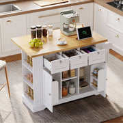 Isola da cucina mobile 132 cm con piano ribaltabile, cassetti, vani a giorno e presa integrata