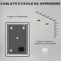 Specchio Bagno con Interruttore Touch, Luce LED a 3 Temperature e Antiappannamento, 70x100cm