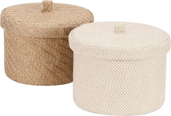 Contenitore di Stoccaggio in Juta e Cotone, Contenitore Rotondo per Articoli da Bagno, Organizzatore per Gadget con Coperchio - Capacità 7 Litri - Dimensione Media