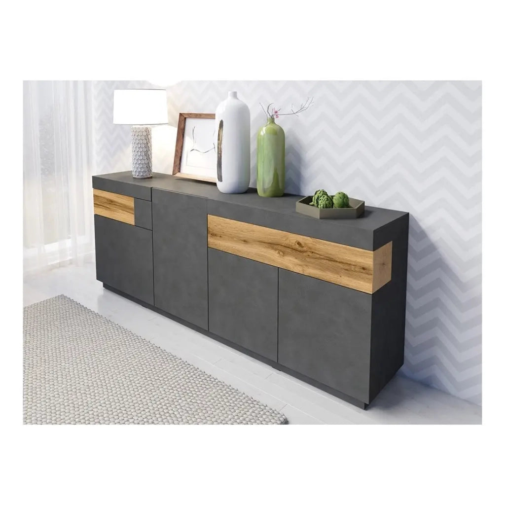 Set da salotto con vetrina e buffet collezione KILES. Colori grigio antracite e rovere.