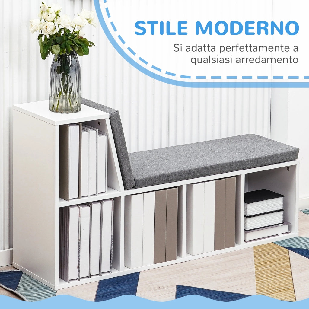 Libreria Moderna a 5 Ripiani Aperti con 2 Cuscini, in Legno, 108x30x60 cm, Grigio