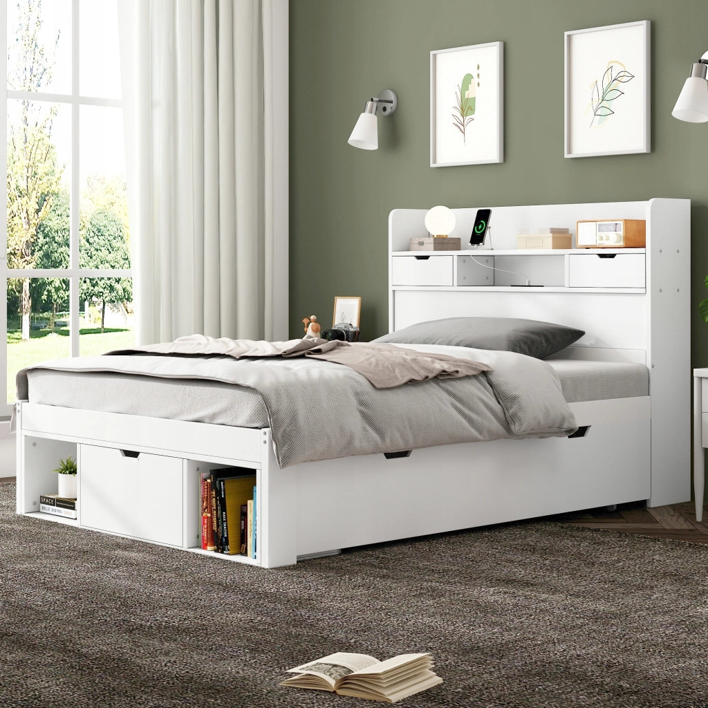 Letto singolo 90x200 - Xylo - USB, cassetti, armadio, bianco