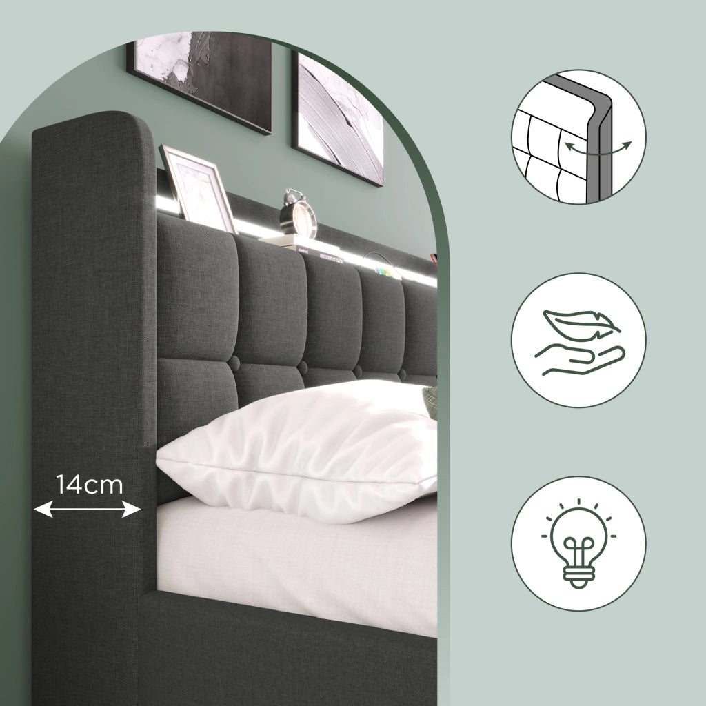 OKWISH Letto Singolo 90×200 cm con Prese, USB, LED Regolabile e 2 Cassetti, senza Materasso, in Legno, Grigio