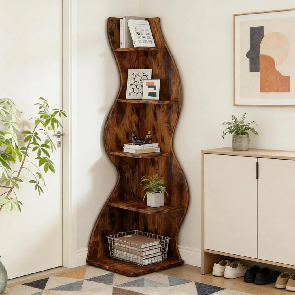 LIBRERIA ANGOLARE 5 ripiani marrone in legno