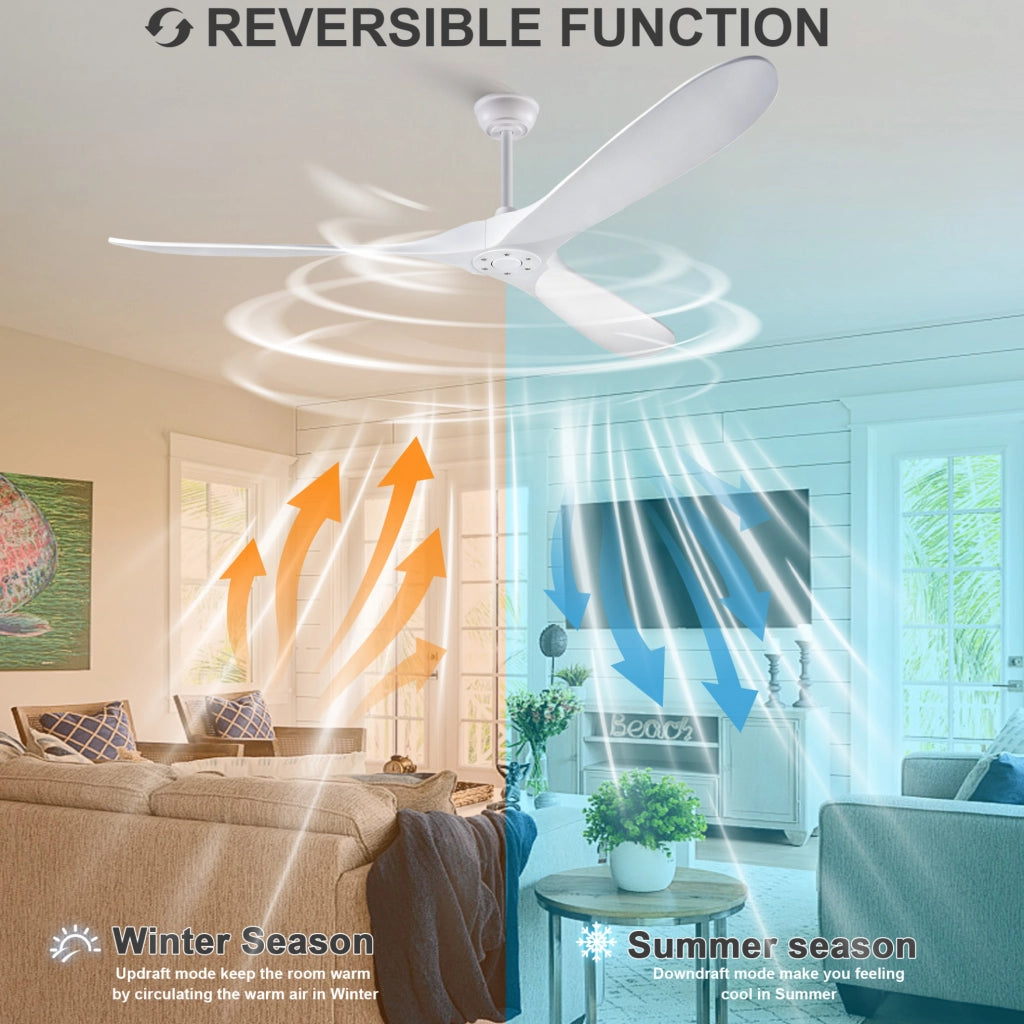 Ventilatore da soffitto 70 pollici bianco con 3 pale in legno; telecomando; senza luce