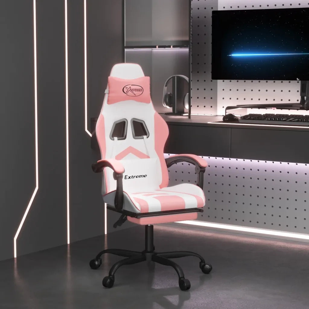 Sedia da Gaming | Sedia da e-sports Girevole Poggiapiedi Bianca e Rosa Similpelle