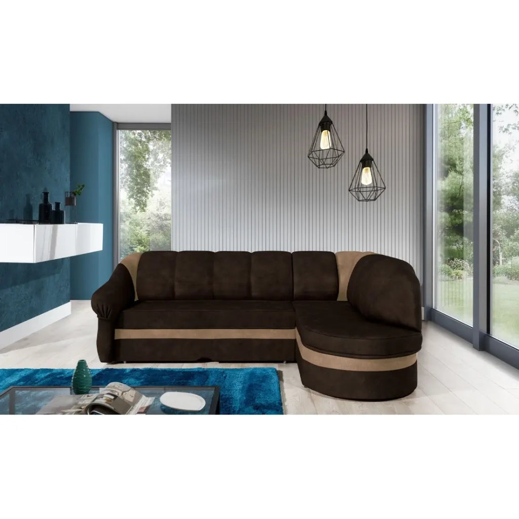 Divano angolare destro convertibile BENANA 250 cm marrone scuro e beige con contenitore